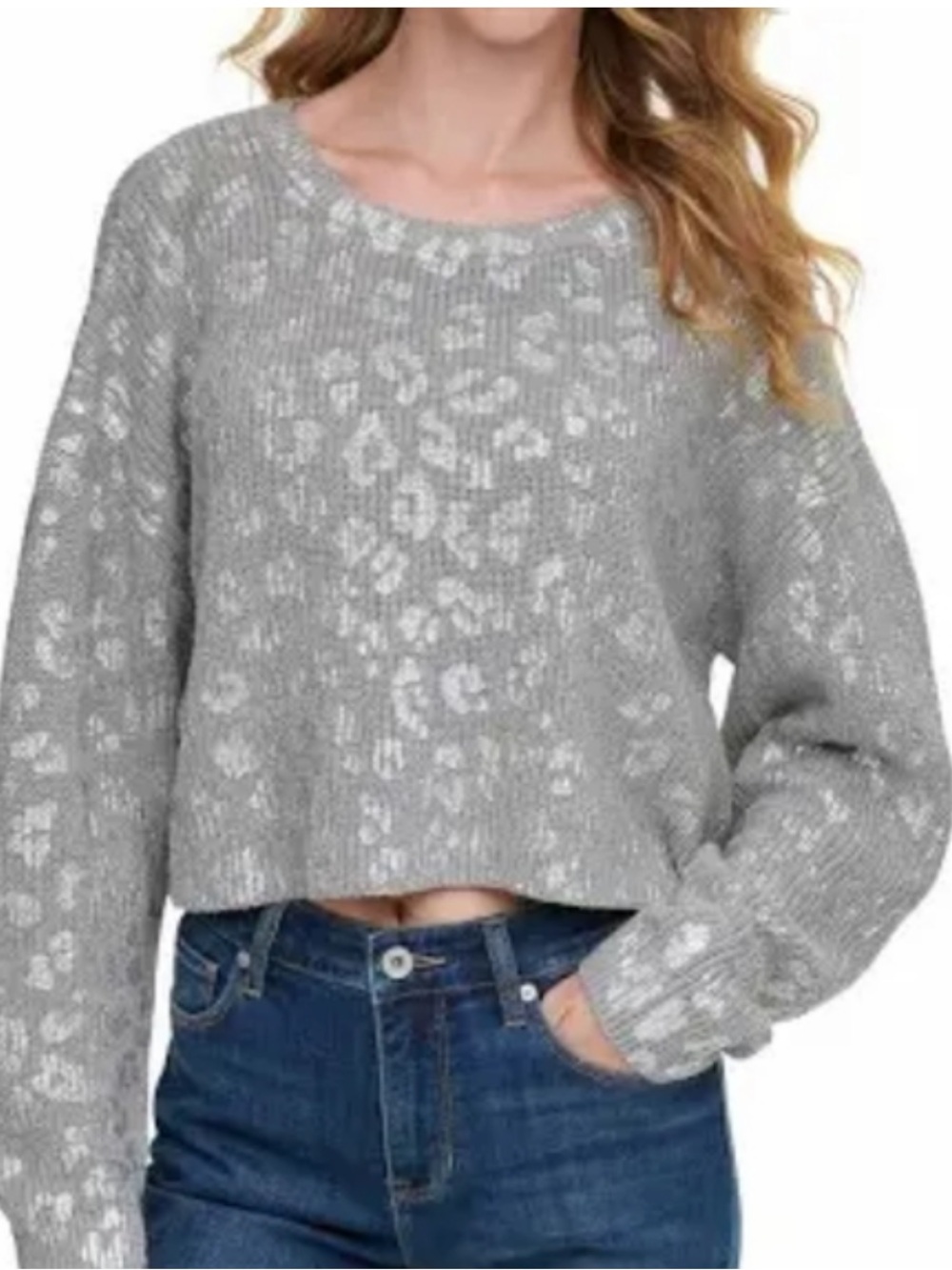 NEW DKNY Metallic Leopard Print Cotton Sweater Gray Size XL